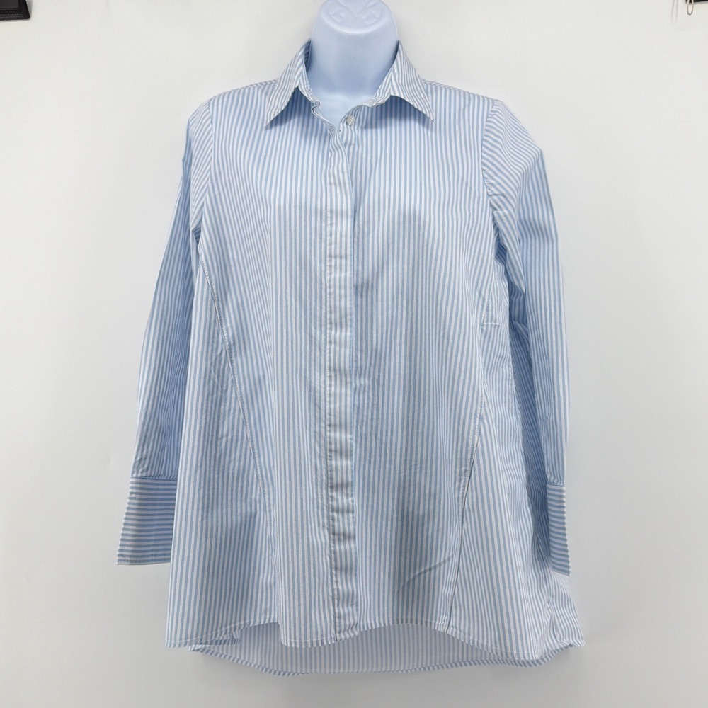 Club Monaco Blue White Striped Tunic Shirt Blouse Covered Placket Cuffed Small